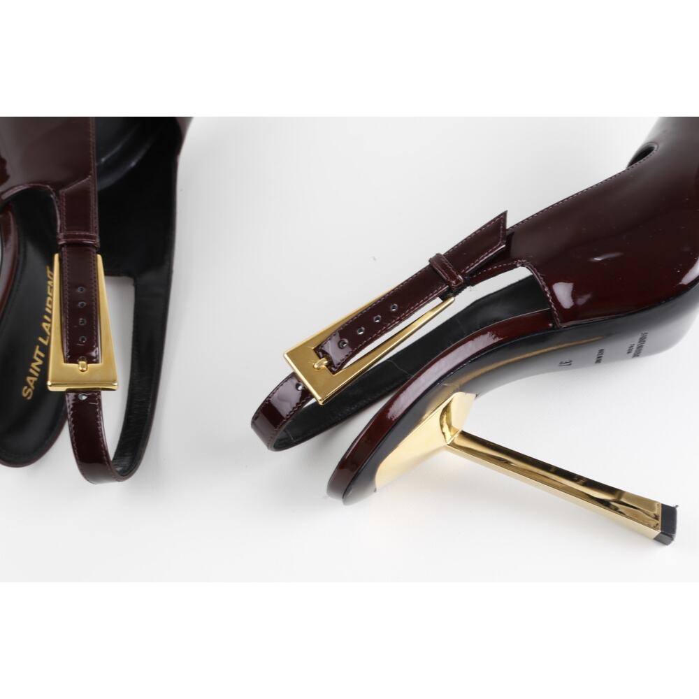 Saint Laurent Lee Burgundy Patent Leather Slingback Pointed Toe Heels Gold 37 - Picture 13 of 16